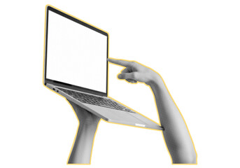 Hand using laptop computer halftone collage. Trendy retro halftone collage element isolated on transparent background.