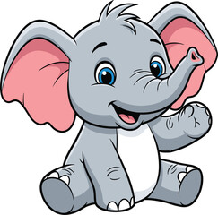 Obraz premium Cute baby elephant cartoon character sitting and waving with big pink ears isolated on white background vector illustration.