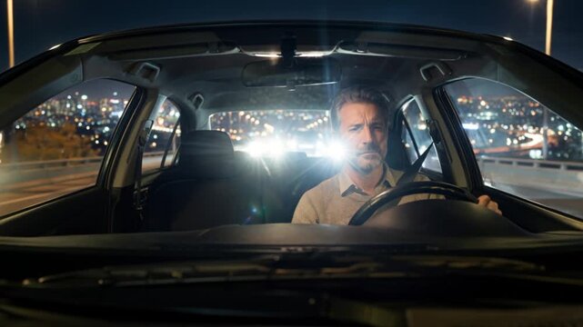Sekundenschlaf, v&ouml;llig &uuml;berm&uuml;deter Mann f&auml;hrt Nachts mit dem Auto, Lichter der anderen Fahrzeuge blenden ihn, Generative AI