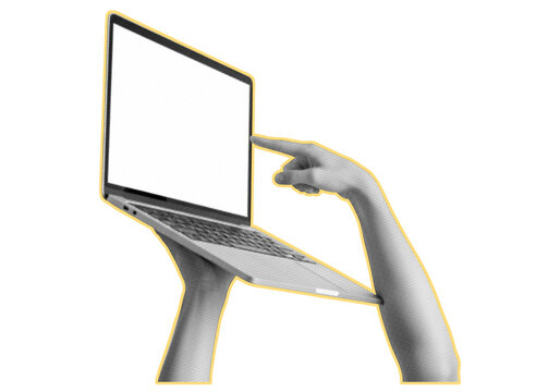 Hand using laptop computer halftone collage. Trendy retro halftone collage element isolated on transparent background.