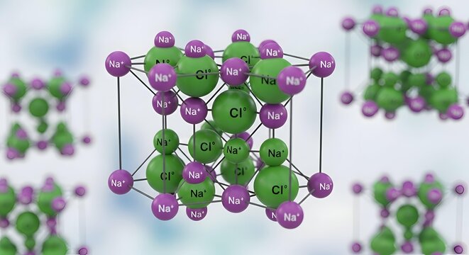 Molecular structure of sodium chloride with atoms and bonds.
