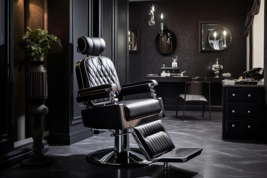 Empty black leather barber chair waiting for a client in a sophisticated interior grooming space
