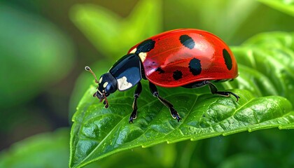 Obraz premium Close-up of a Vibrant Ladybug on a Lush Green Leaf.