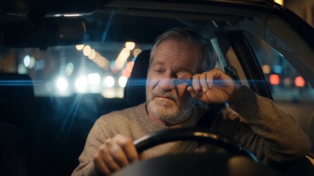 Sekundenschlaf, v&ouml;llig &uuml;berm&uuml;deter Mann f&auml;hrt Nachts mit dem Auto, Lichter der anderen Fahrzeuge blenden ihn, Generative AI
