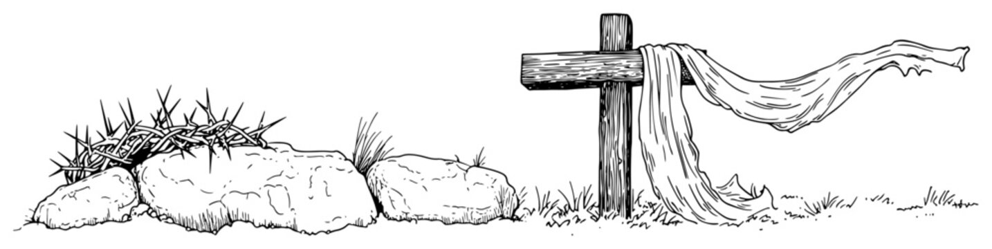 Christian religious scene with cross shroud and crown of thorns sketch
