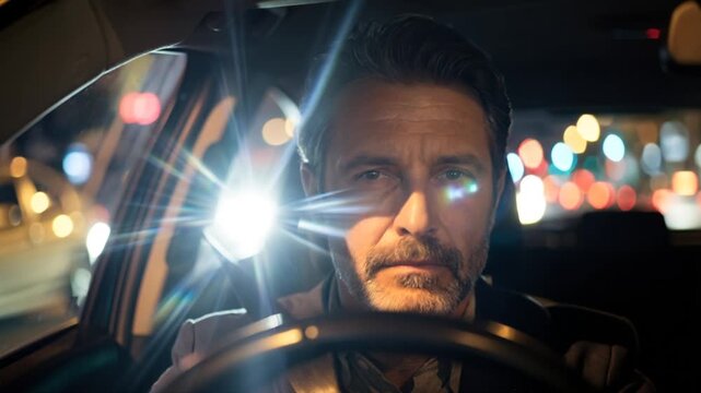 Sekundenschlaf, v&ouml;llig &uuml;berm&uuml;deter Mann f&auml;hrt Nachts mit dem Auto, Lichter der anderen Fahrzeuge blenden ihn, Generative AI