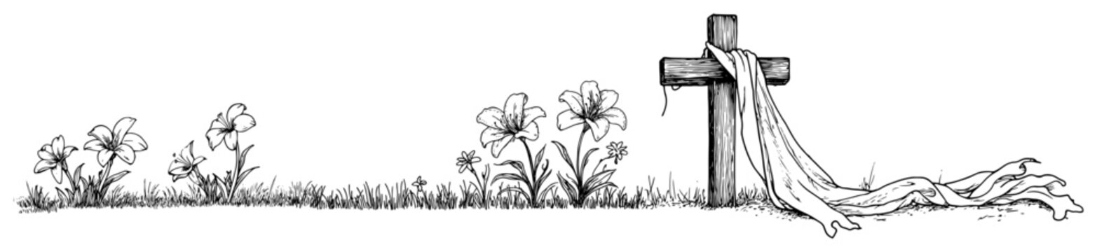 Horizontal border with christian cross draped in cloth and flowers sketch