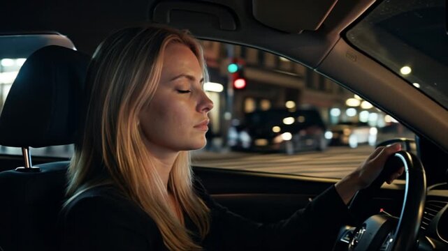 Sekundenschlaf, v&ouml;llig &uuml;berm&uuml;dete Frau f&auml;hrt Nachts mit dem Auto, Lichter der anderen Fahrzeuge blenden sie, Generative AI