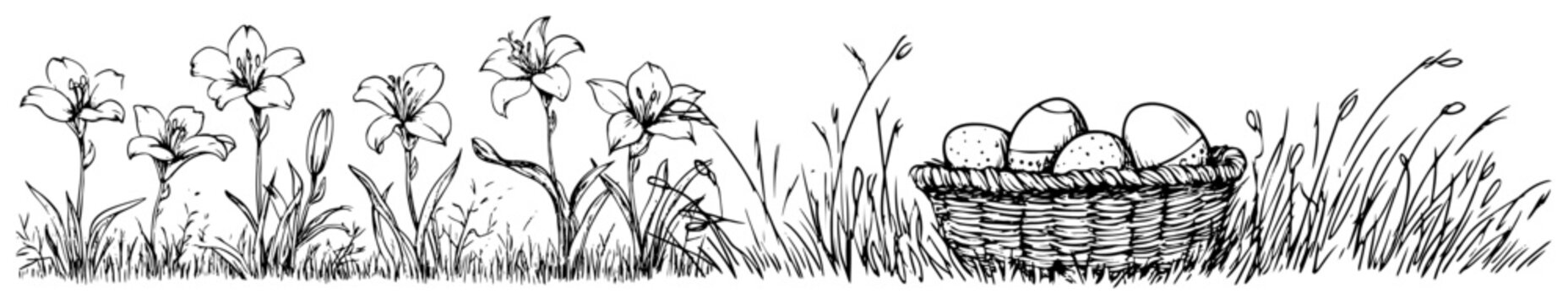 Horizontal meadow border with lily flowers and easter basket sketch