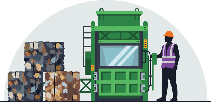 Industrial green metal baler machine compacting recycled waste into square bales with a worker in a safety vest and orange hardhat