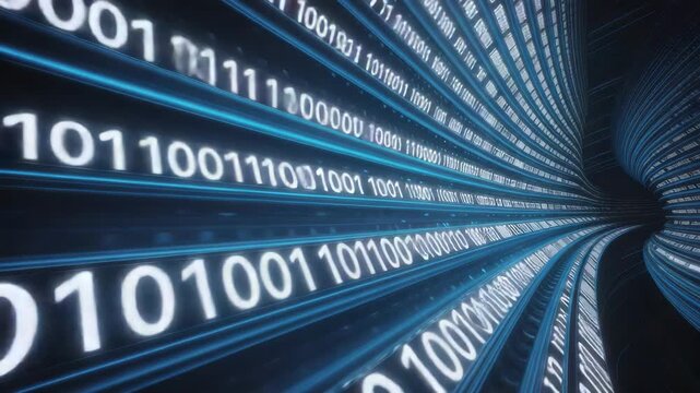 Futuristic binary code tunnel with glowing blue lines and white data streams