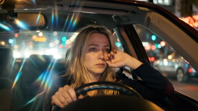 Sekundenschlaf, v&ouml;llig &uuml;berm&uuml;dete Frau f&auml;hrt Nachts mit dem Auto, Lichter der anderen Fahrzeuge blenden sie, Generative AI