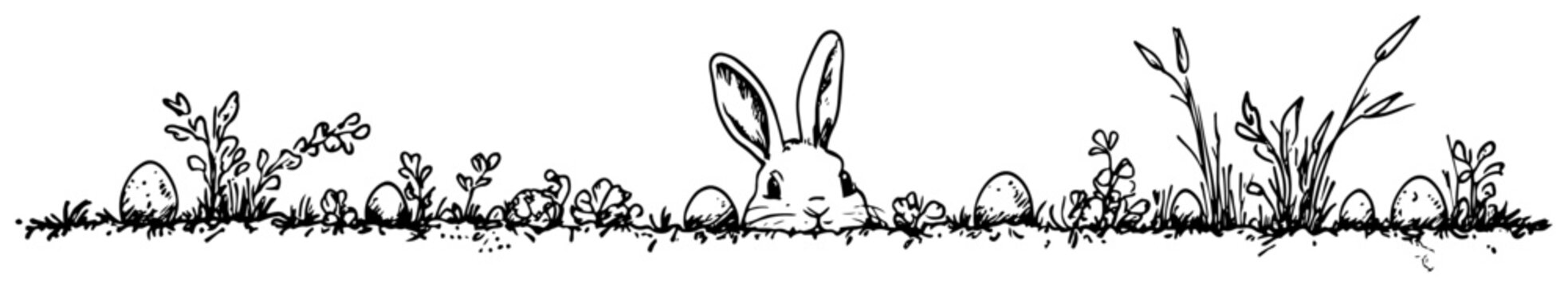 Horizontal grass border with easter bunny and hidden eggs