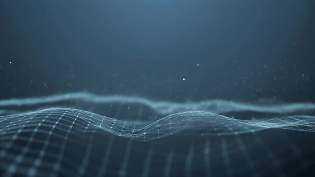 スモーキーブルーの低彩度グラデーションに、極細ワイヤーフレーム幾何学メッシュが広がる抽象背景です。
柔らかなマイクロパーティクルと浅い被写界深度が、繊細な奥行きと空気感を演出します。
シームレスなカーブトランジションとコントロールされたハイライトが、洗練された近未来的美学を強調します。