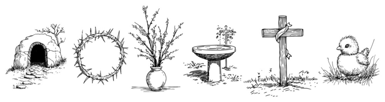 Collection of religious easter symbols including empty tomb and cross sketch