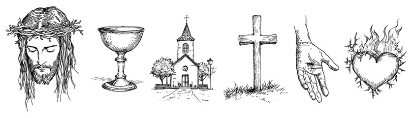 Naklejka na ściany i meble Set of christian religious symbols including sacred heart and church sketch