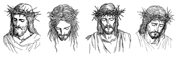 Portraits of jesus christ wearing crown of thorns in four styles sketch