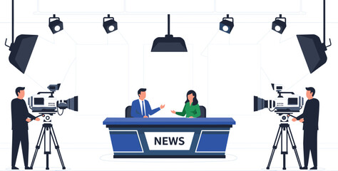 Flat vector illustration of a professional television news studio with anchors at a desk cameramen filming with large cameras and studio lighting © Sukhi