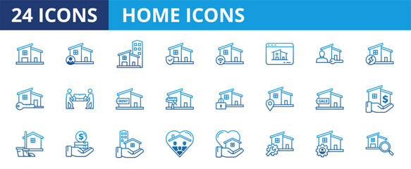 Home icon set. Containing house, property, loan, town, landlord, insurance, location, mortgage, for sale and more. Solid vector icons collection.