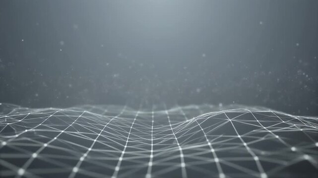 繊細なワイヤーフレームの幾何学メッシュが広がる、ソフトミュートグラデーション背景の抽象映像です。
微細なマイクロパーティクルが静かに浮遊し、軽やかな奥行きと空気感を演出します。
明るさはコントロールされ、ミニマルで近未来的な美学を保っています。