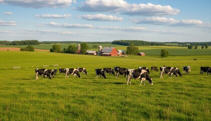 Herd of cows grazing in a green field on a sunny day with a farmhouse in the background