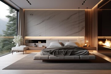 Naklejka premium Minimalist bedroom with a comfortable bed, marble wall, glowing fireplace, and forest view