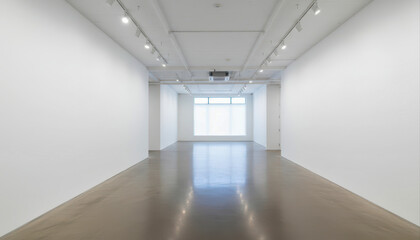 Empty modern art gallery interior with white walls and polished floor, natural light through large window