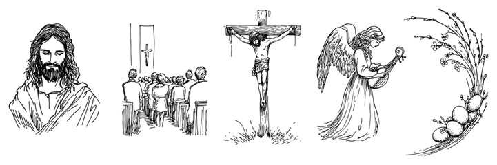 Naklejka premium Christian religious scenes with jesus angel and church mass sketch