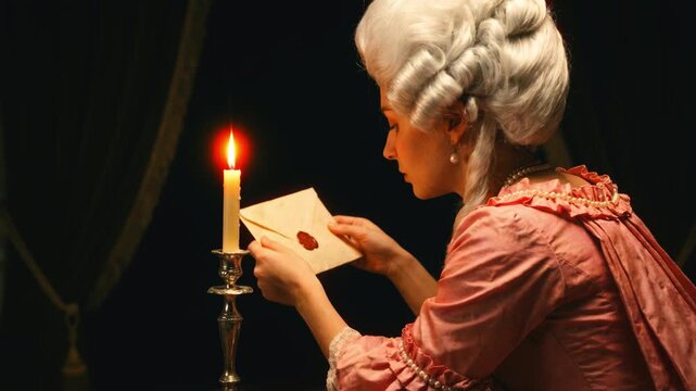 Woman in rococo pink dress and white wig holds a wax sealed letter near a burning candle looking directly at the camera exploring historical secrets and vintage communication concepts