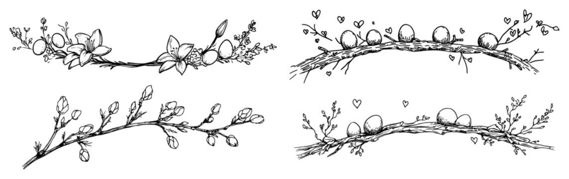 Set of floral easter borders with willow branches and eggs sketch