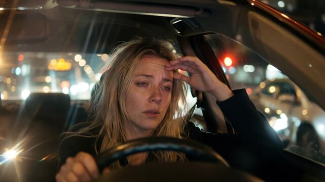 Sekundenschlaf, v&ouml;llig &uuml;berm&uuml;dete Frau f&auml;hrt Nachts mit dem Auto, Lichter der anderen Fahrzeuge blenden sie, Generative AI