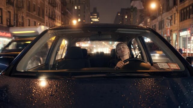 Sekundenschlaf, v&ouml;llig &uuml;berm&uuml;dete Frau f&auml;hrt Nachts mit dem Auto, Lichter der anderen Fahrzeuge blenden sie, Generative AI