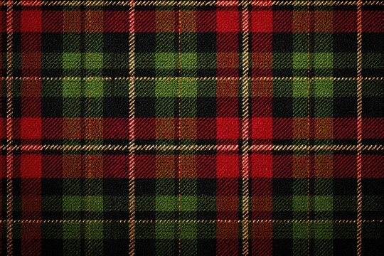 Plaid fabric pattern with red, green, black and beige colors in a traditional tartan design for textile, clothing and fashion background or decoration.