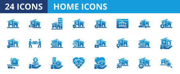Home icon set. Containing house, property, loan, town, landlord, insurance, location, mortgage, for sale and more. Solid vector icons collection.