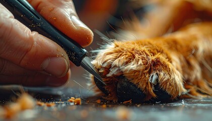 Close-up of dogs paw being groomed with tweezers.