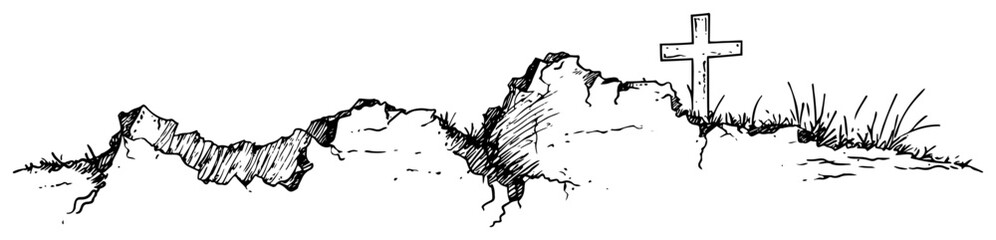 Obraz premium Hand drawn sketch of rocky hill landscape with small cross