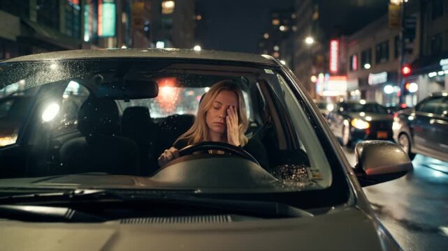 Sekundenschlaf, v&ouml;llig &uuml;berm&uuml;dete Frau f&auml;hrt Nachts mit dem Auto, Lichter der anderen Fahrzeuge blenden sie, Generative AI
