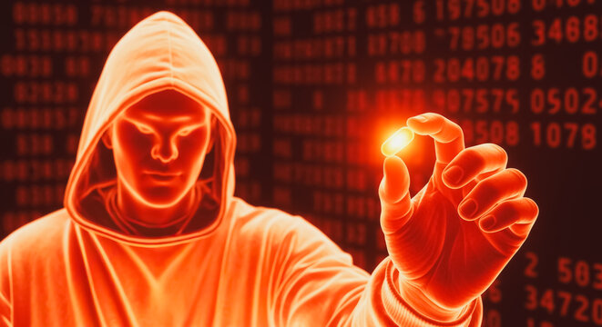 Mysterious hacker figure in a glowing red hoodie holding a brilliant digital pill against a matrix of red data code.