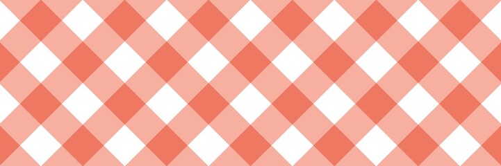 Seamless peach pink and white gingham pattern. Classic diagonal checkered plaid background for picnic tablecloth, fabric, or wallpaper. Vector illustration.