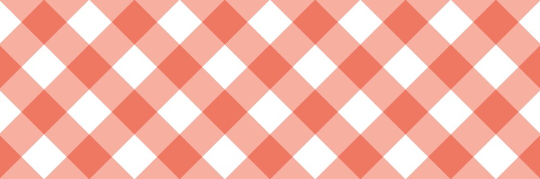 Seamless peach pink and white gingham pattern. Classic diagonal checkered plaid background for picnic tablecloth, fabric, or wallpaper. Vector illustration.