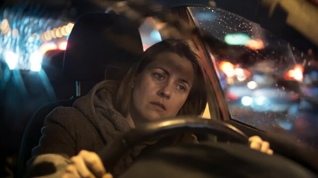 Sekundenschlaf, v&ouml;llig &uuml;berm&uuml;dete Frau f&auml;hrt Nachts mit dem Auto, Lichter der anderen Fahrzeuge blenden sie, Generative AI