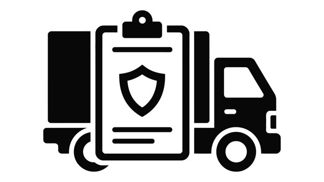 delivery truck with clipboard and shield icon representing logistics security, shipment inspection, cargo verification and transport service