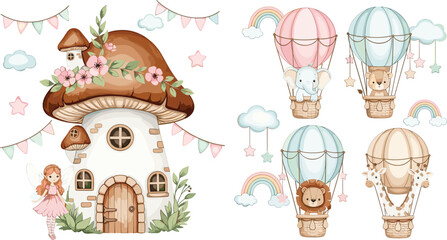 Cute watercolor mushroom fairy house with floral accents and fairy character plus safari animals in hot air balloons  © Sukhi