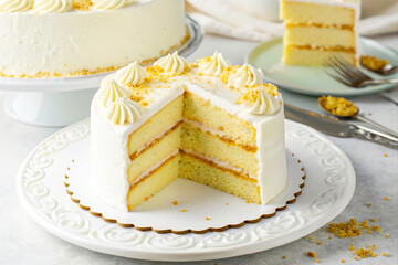 Vanilla layer cake with white frosting and piped cream, one slice removed showing sponge layers and filling on white plate in bright kitchen setting.
