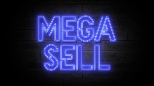 A bright blue neon sign reading MEGA SELL against a dark background in a promotional video