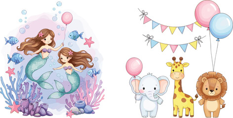 Cute watercolor mermaid characters swimming in ocean with coral and safari animal set including elephant giraffe and lion with balloons for birthday party. © Sukhi