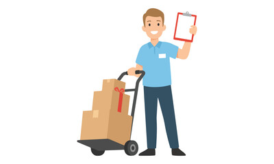 Delivery Man Pushing Hand Truck with Boxes and Holding Clipboard