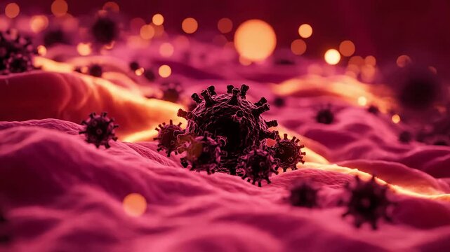 Microscopic view of dangerous viruses or bacteria infecting organic tissue in a vibrant biological environment.