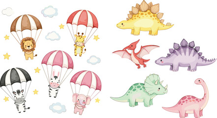 Cute watercolor safari animals flying with parachutes including lion giraffe zebra and elephant plus prehistoric dinosaur collection for baby nursery wall art. © Sukhi