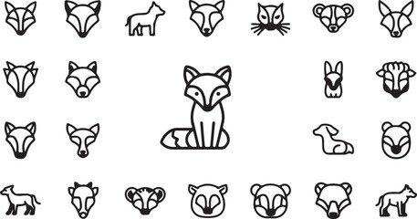 Cute Forest Animal Line Icons Set with Fox Minimal Wildlife Outline Vector Pack.